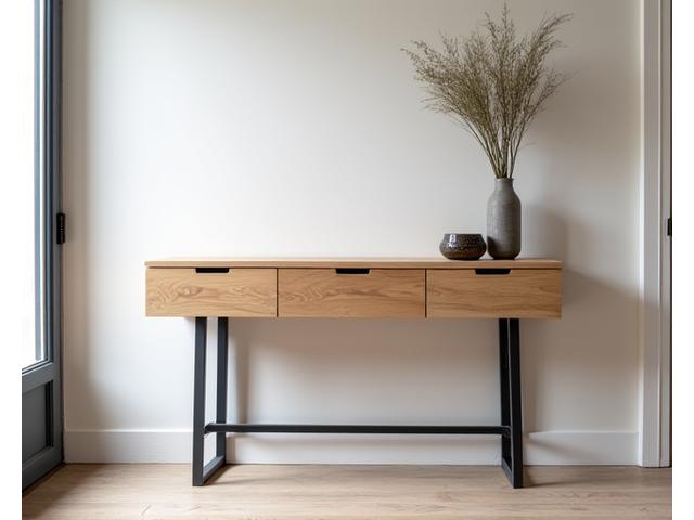Minimalistisk konsollbord i furu med mørke ben